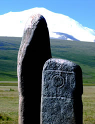 Two ancient Scythian standing stones dated III millennia B.C. still considered by modern Altaians as burial mounds of ancestors  Photograph: &copy; FSDA/Chagat Almashev, 2009